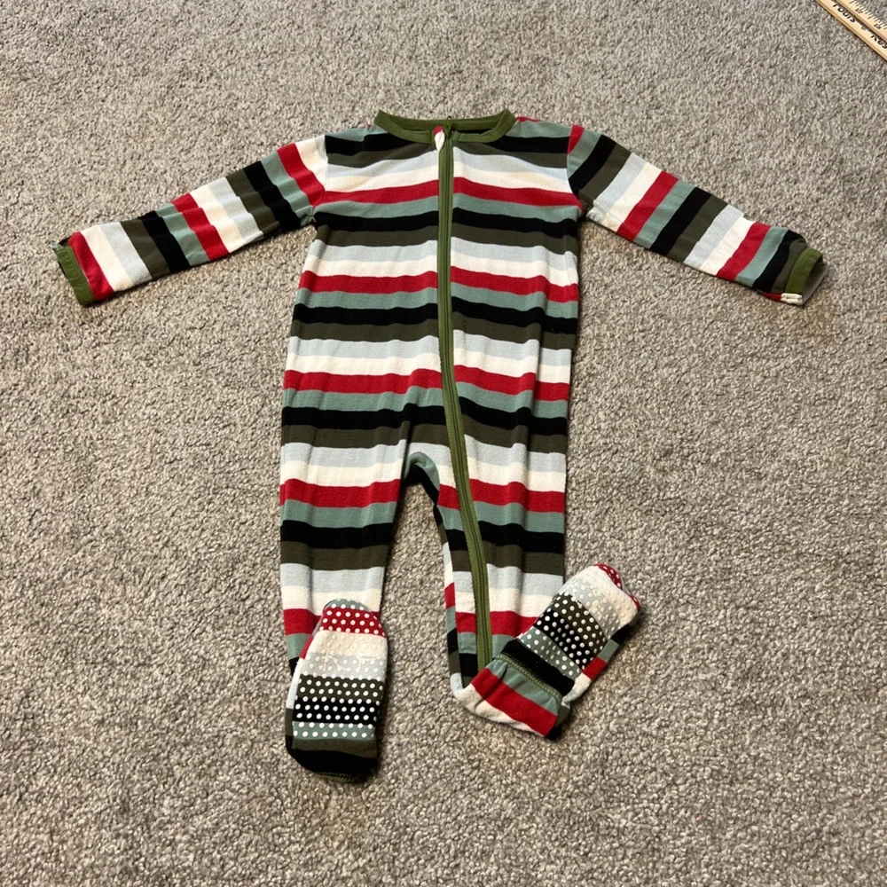 Kickee pants sleeper baby boy 6-9M‎ green red stripes bamboo stretch zip unisex